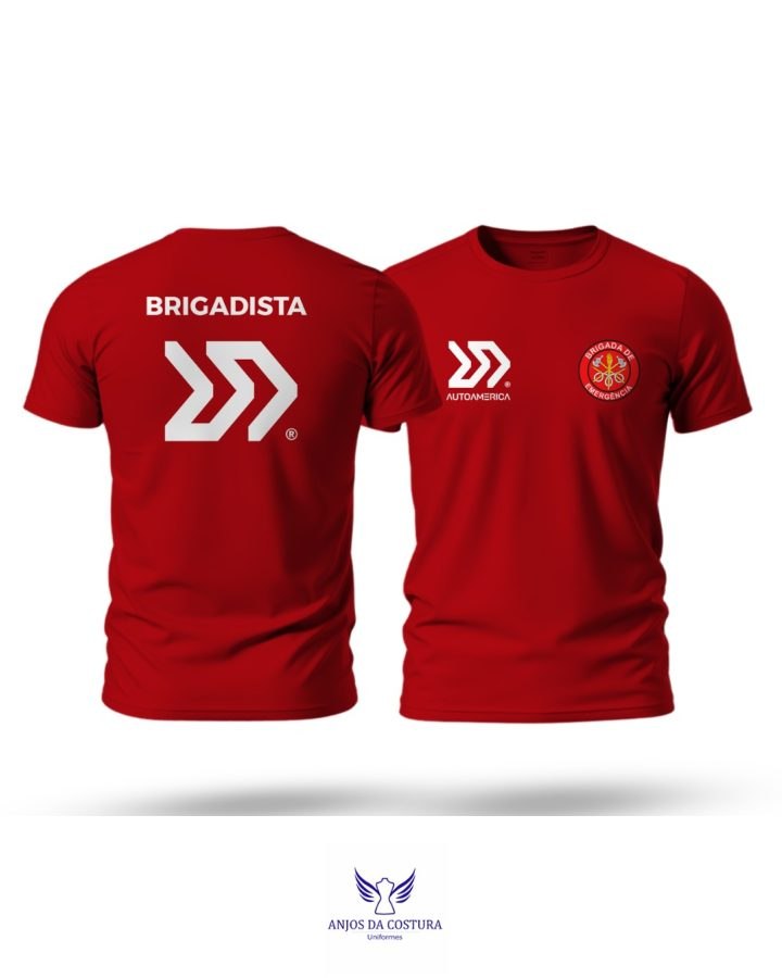 Camiseta de brigada — Identificação da brigada de emergência da AUTOAMERICA, frente e costas.