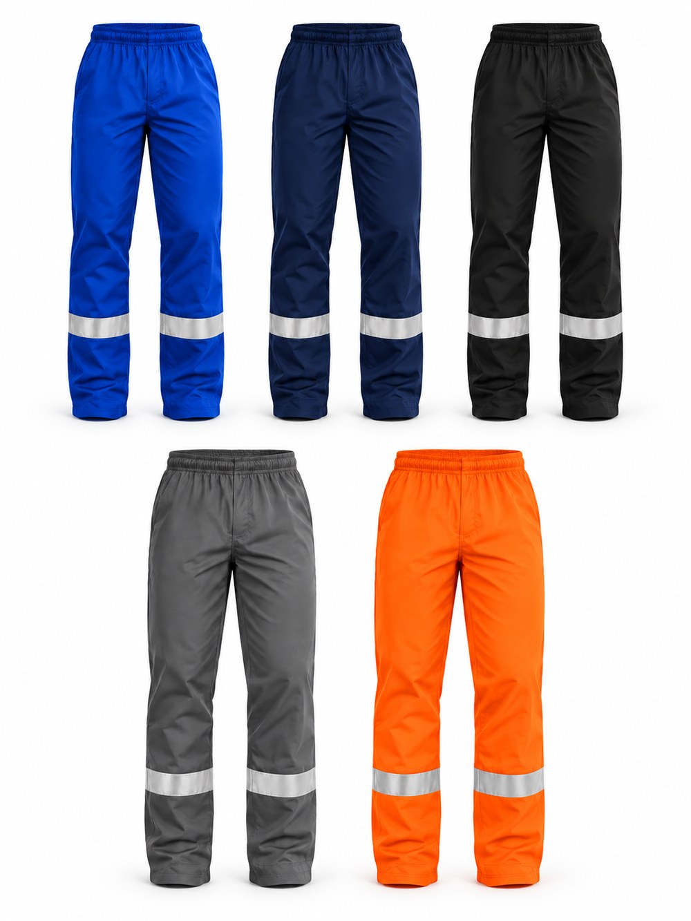 Calça operacional — Cintura de elástico e faixa refletiva na perna. Azul royal, azul marinho, preta, cinza e laranja.