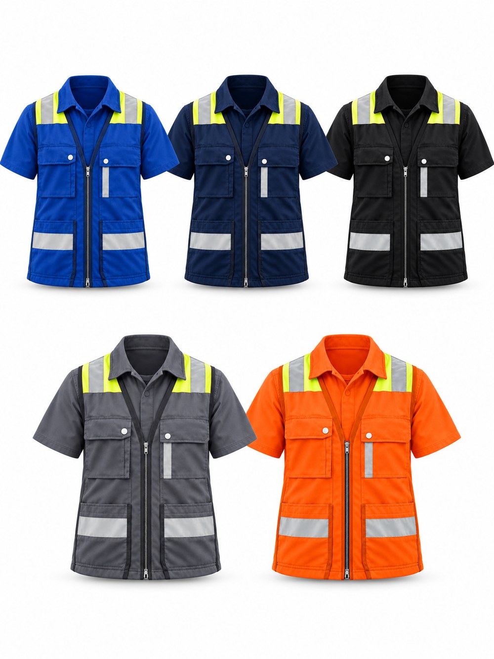 Camisa operacional — Refletivo no ombro e no corpo, nas mesmas cinco cores, com bolso de portinhola. Feita sob encomenda.