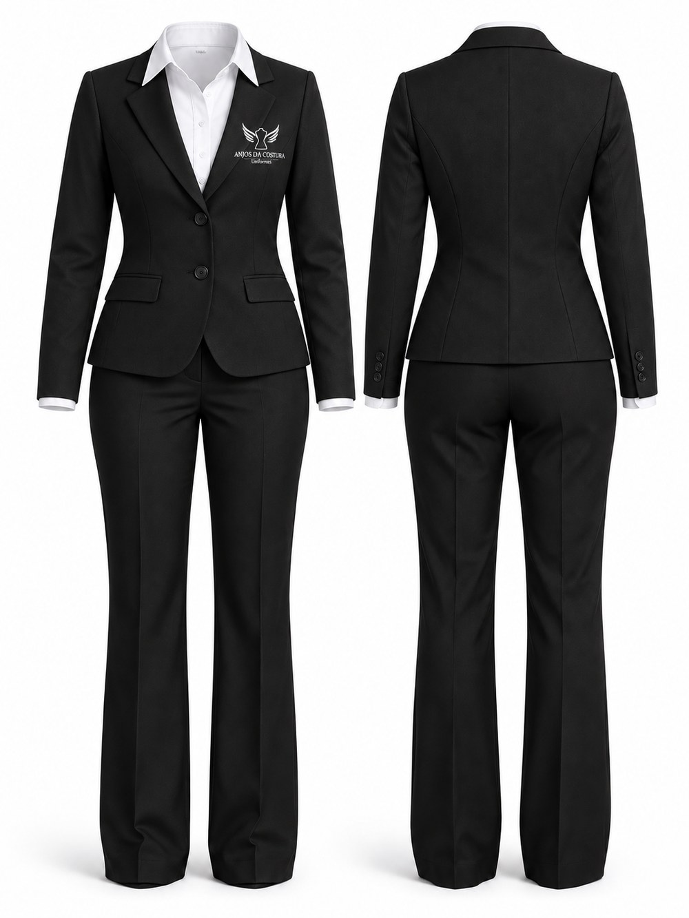 Com blazer — A mesma base, trocando o colete por blazer de dois botões. Para quem atende cliente.