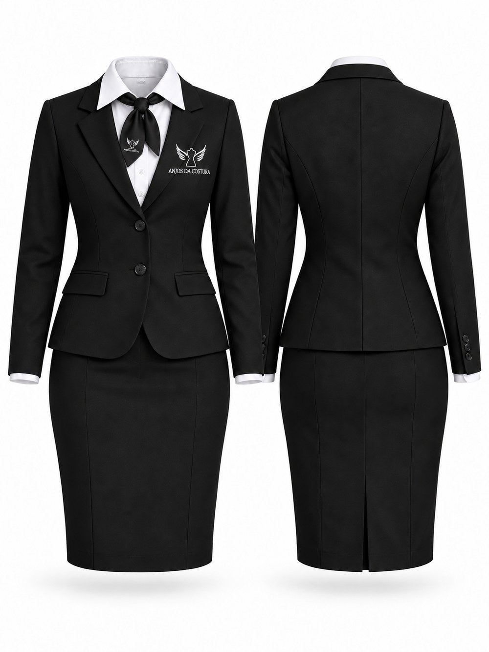 Com saia — Blazer, saia lápis com fenda atrás e lenço bordado no pescoço.