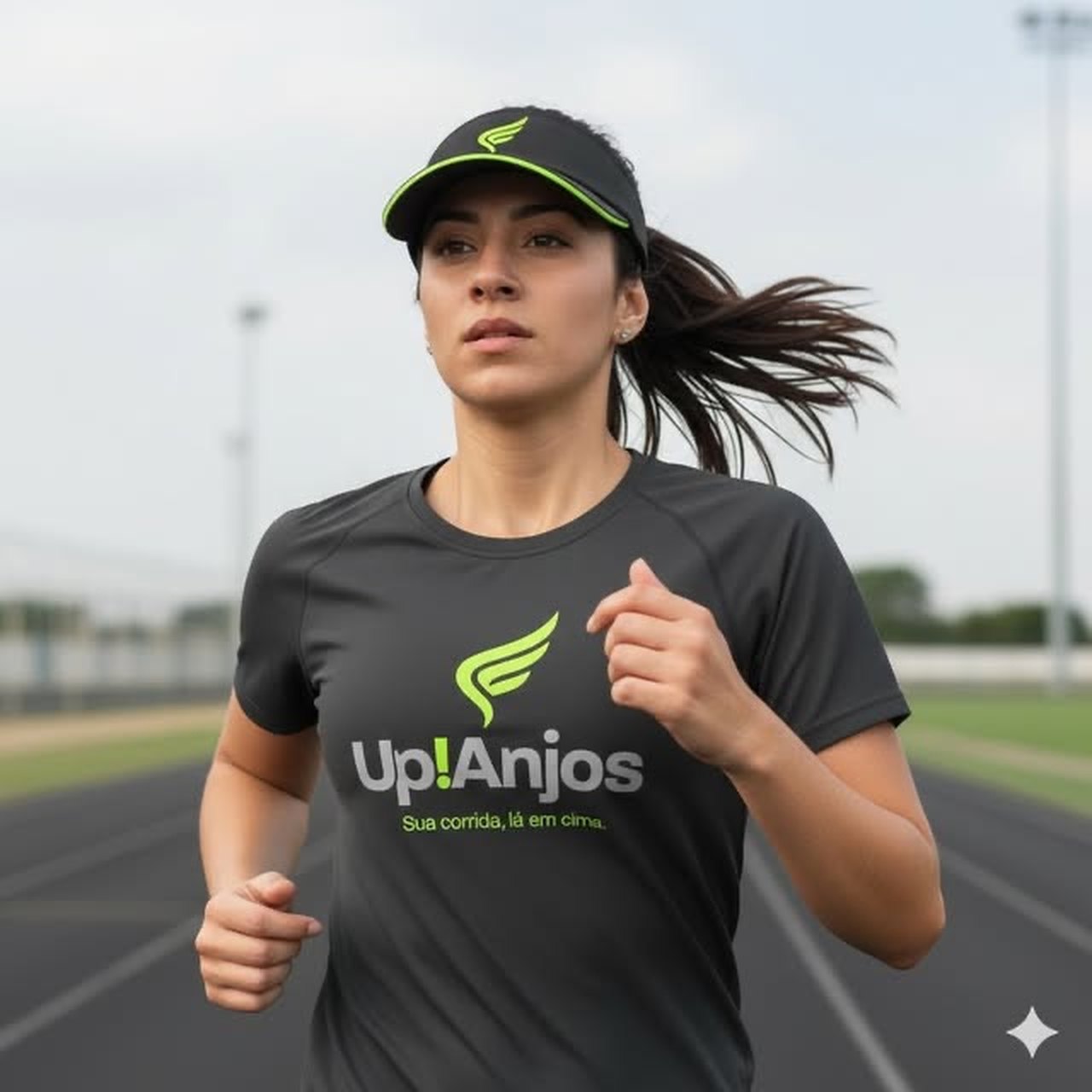 Camiseta esportiva em dry fit da Up!Anjos numa corredora na pista