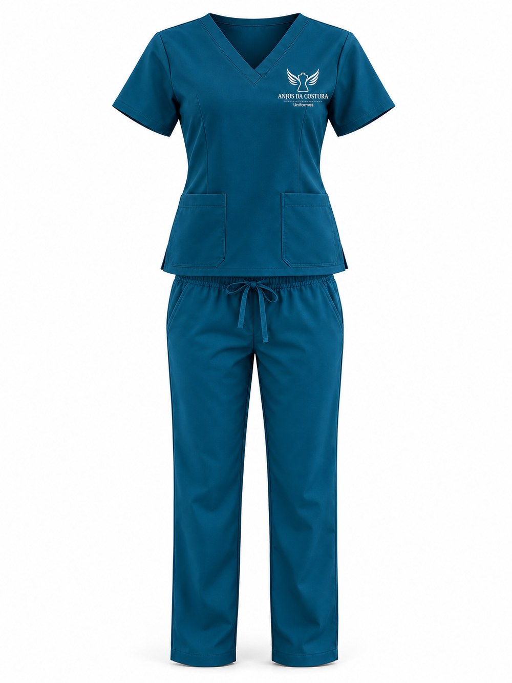 Pijama hospitalar feminino — Blusa de decote V com dois bolsos e calça com cordão, em azul petróleo.