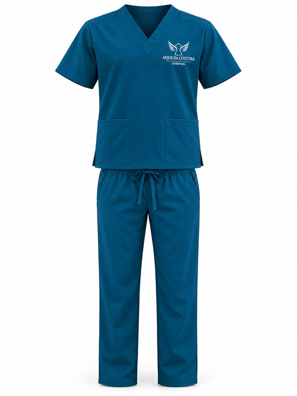 Pijama hospitalar masculino — A mesma peça em corte reto, com os mesmos bolsos e cordão na cintura.