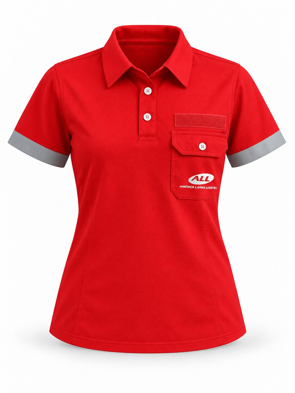 Polo feminina — A mesma polo em modelagem feminina, com recortes que ajustam o caimento.