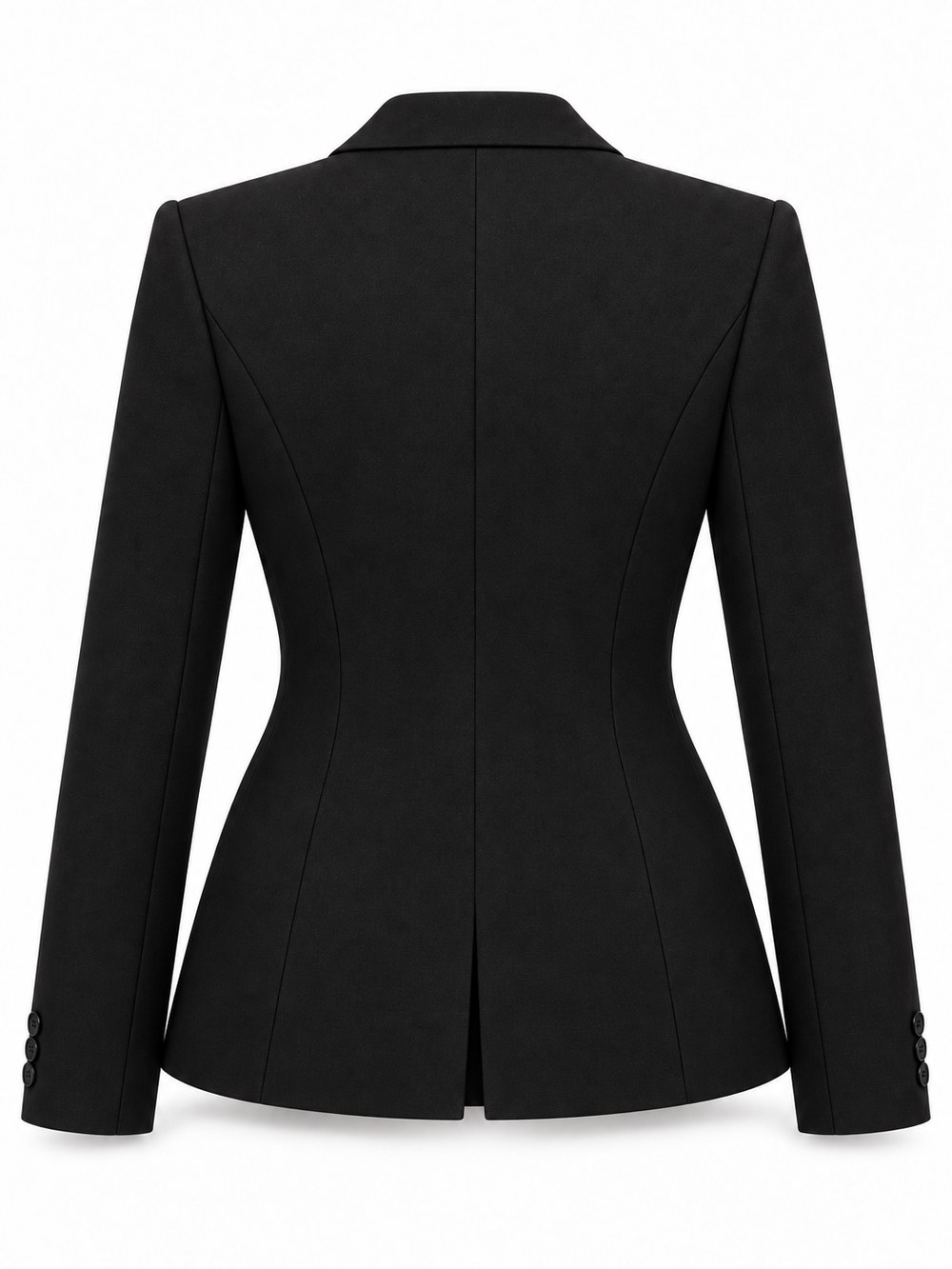 Costas do blazer — Recortes que marcam a cintura e fenda central.