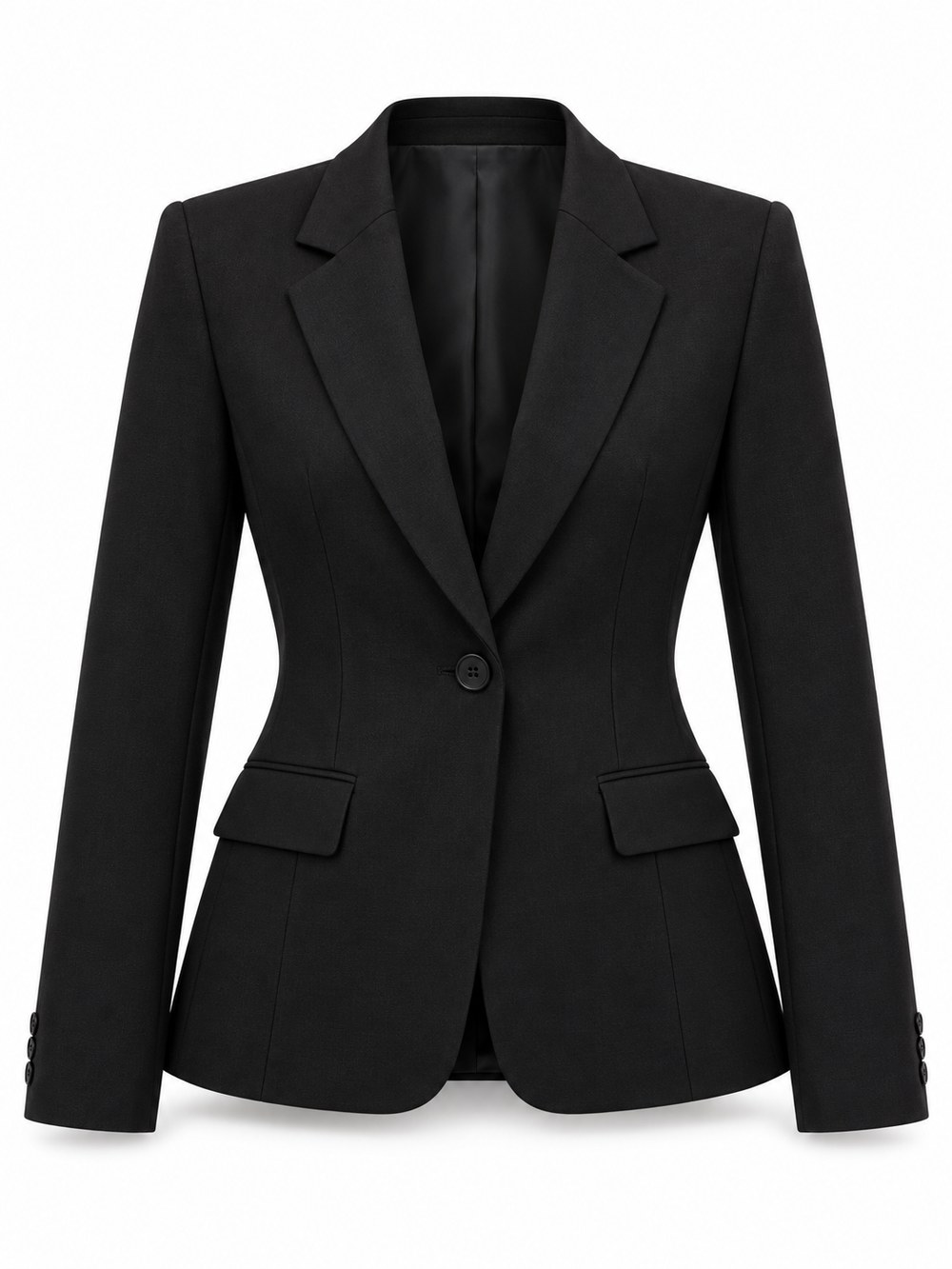 Blazer feminino — Um botão, lapela bicada e bolso com portinhola.