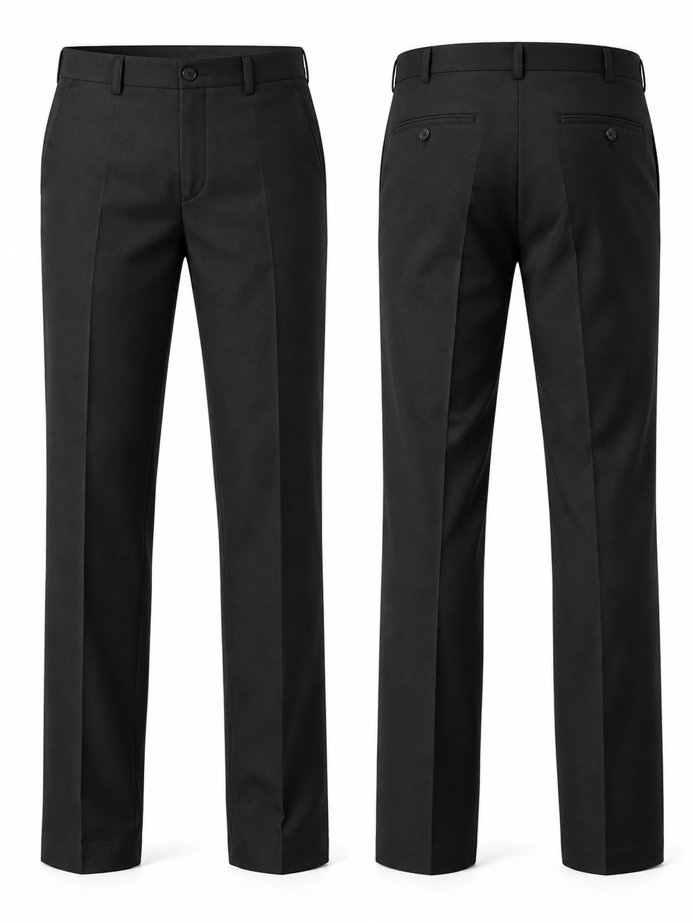 Calça social masculina — Alfaiataria com prega, bolso faca e bolso traseiro com botão.