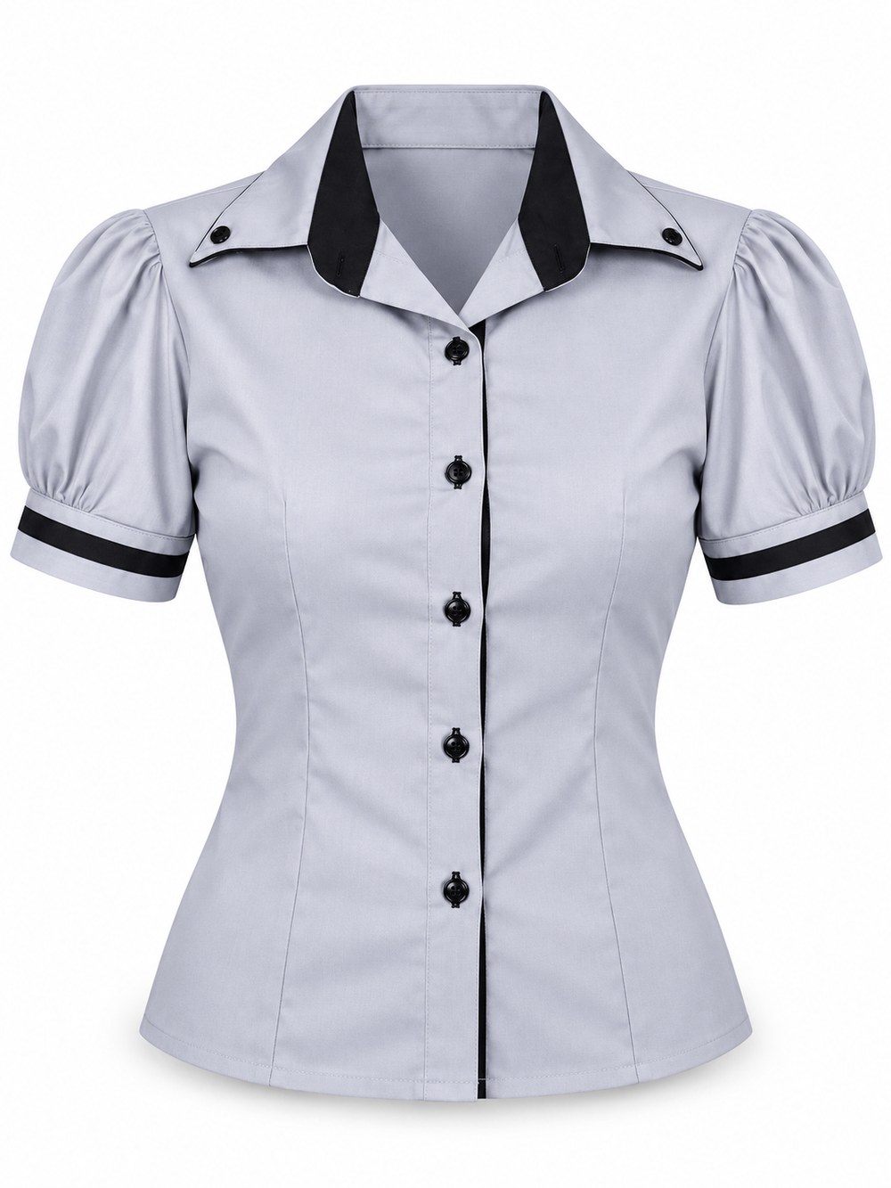 Camisa social feminina — Cinza com vivo preto, manga bufante e gola de contraste.