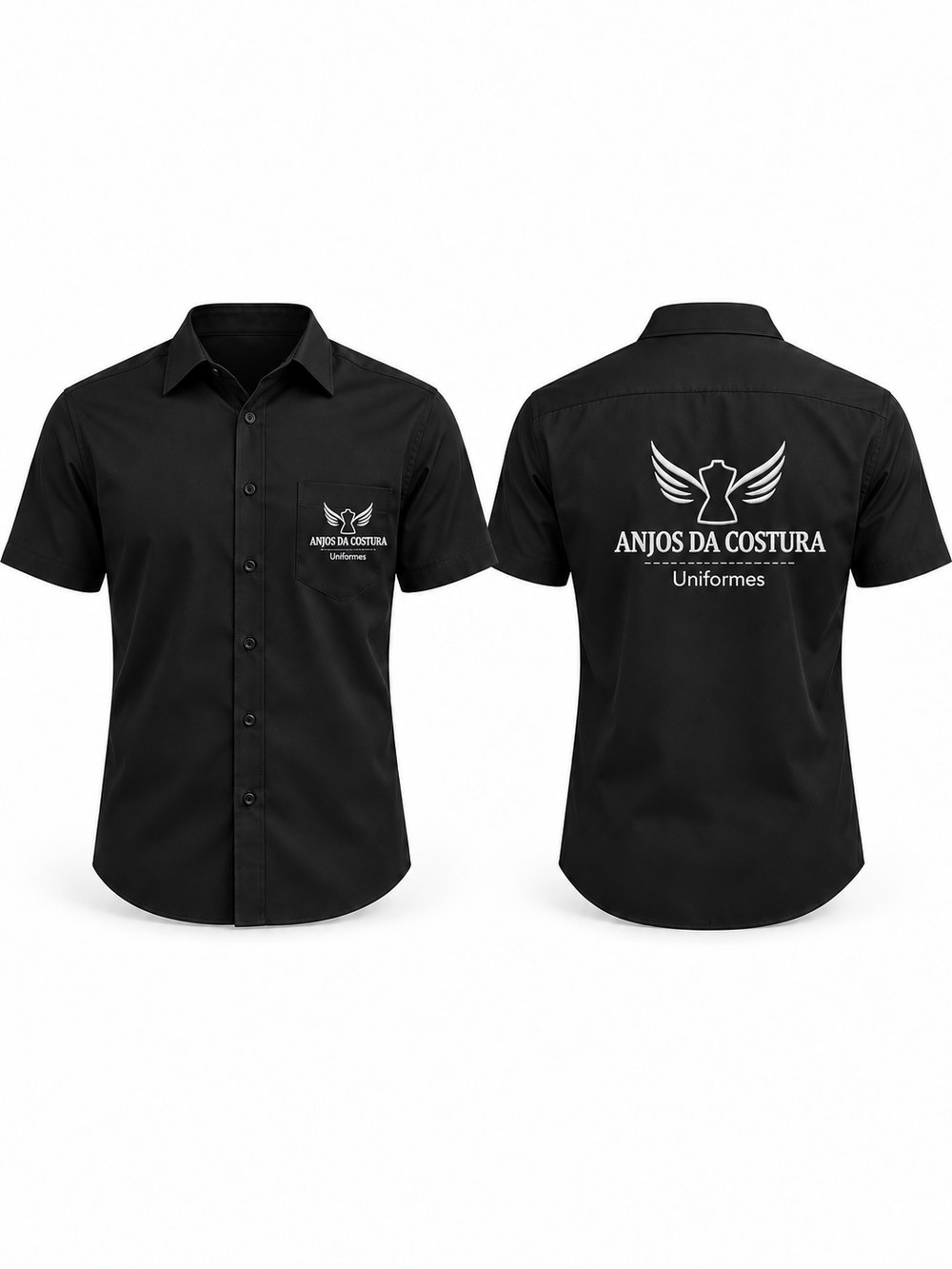 Manga curta, com bolso — A mesma camisa em manga curta, com bordado no bolso e nas costas.