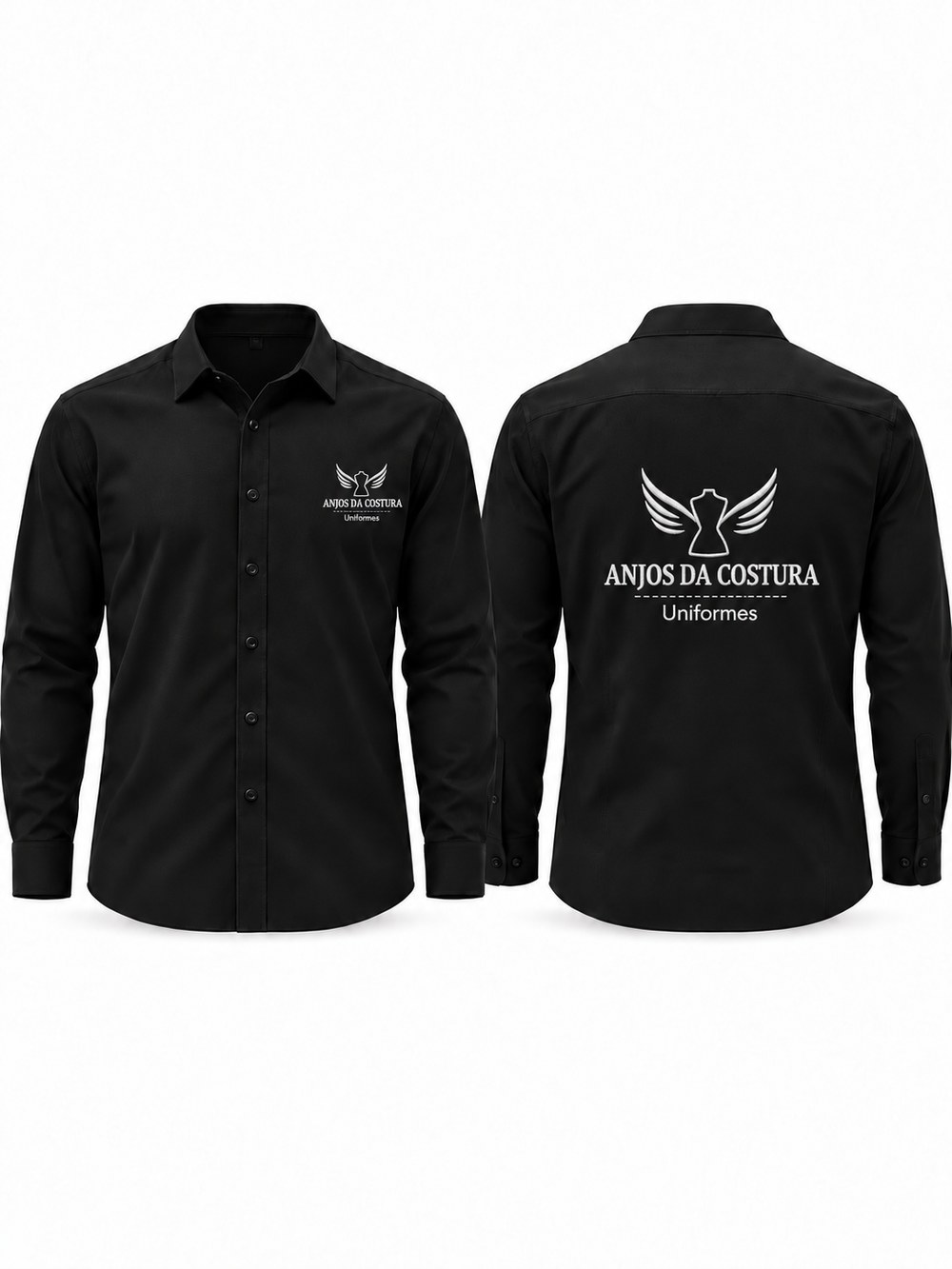 O nosso próprio uniforme — Camisa social masculina manga longa, preta, com a nossa marca bordada no peito e nas costas.