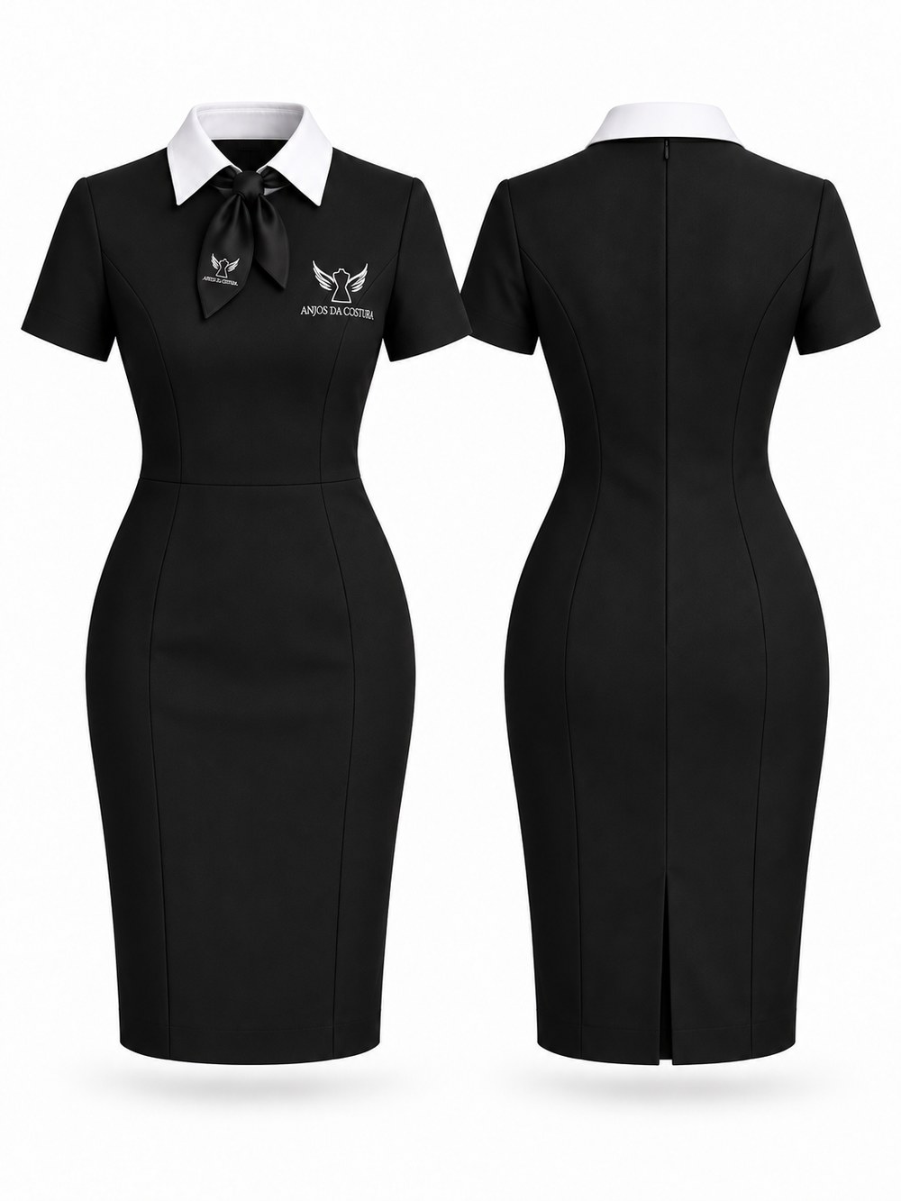 Vestido — Peça única com gola branca e lenço bordado. Veste rápido, não precisa combinar.
